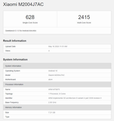 Redmi M2004J7AC 5G Smartphone Geekbench