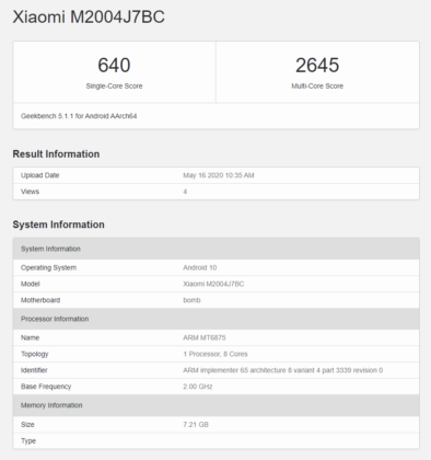 Redmi M2004J7BC 5G Smartphone Geekbench