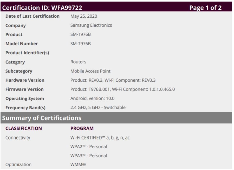 Samsung Galaxy Tab S7+ 5G Wi-Fi certified