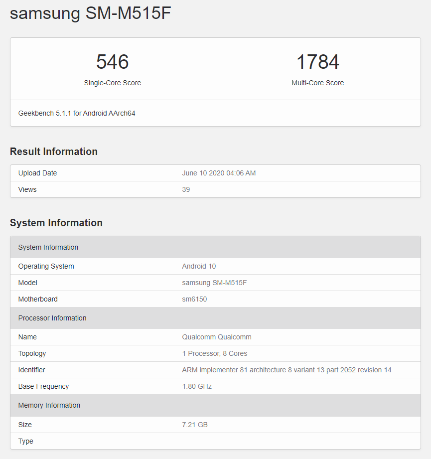 Galaxy M51 Geekbench