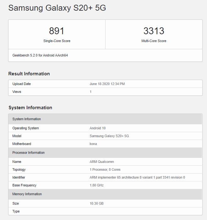 Galaxy S20+ 5G Geekbench