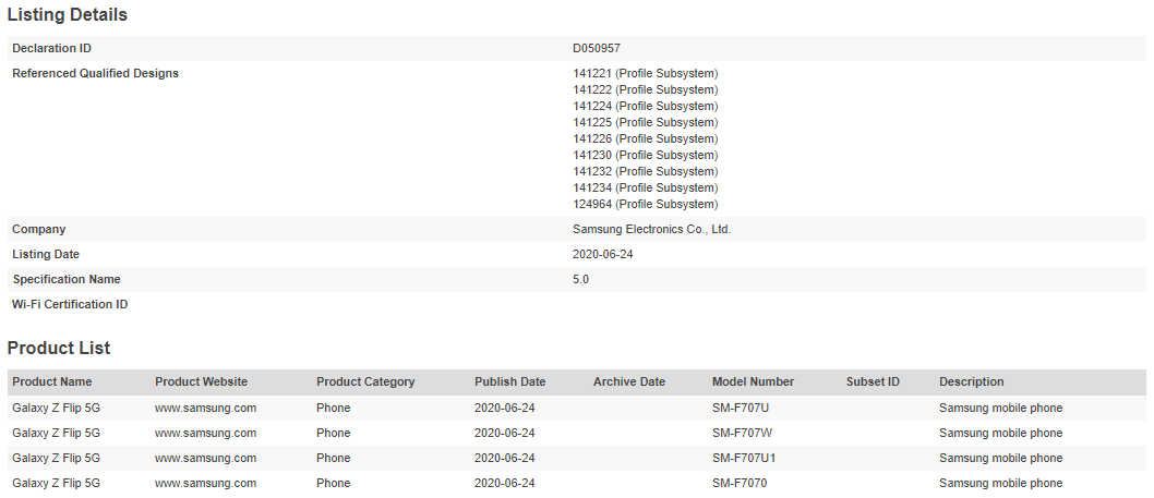 Galaxy Z Flip 5G Bluetooth SIG