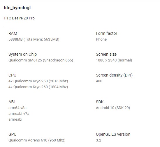 HTC Desire 20 Pro Specifications Google Play Console