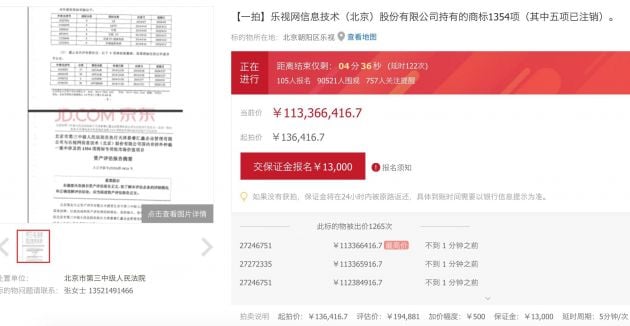 LeTV拥有的1350多个商标正在中国拍卖