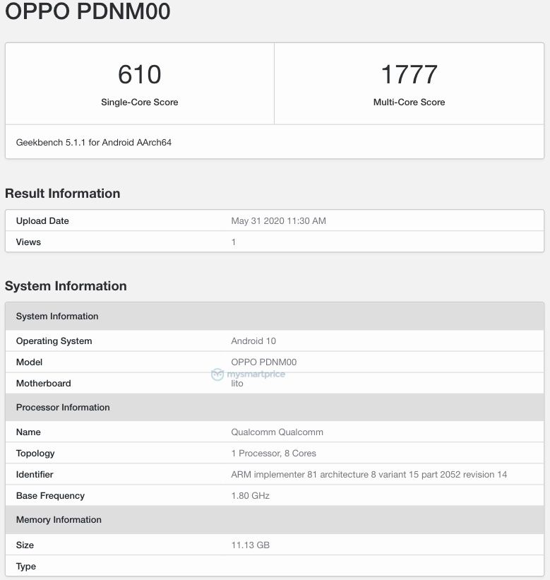 OPPO Reno4 Geekbench