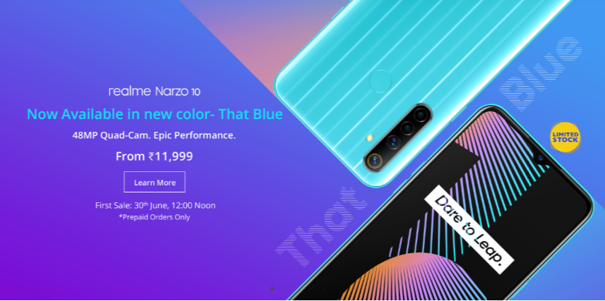Realme Narzo 10现在变成蓝色；6月30日开始发售