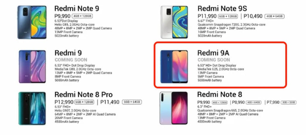 Redmi 9A渲染和关键规格通过小米菲律宾产品手册泄露