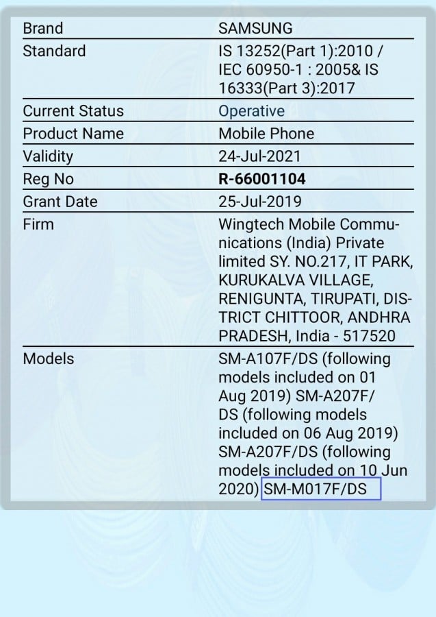 Samsung Galaxy M01s BIS certified