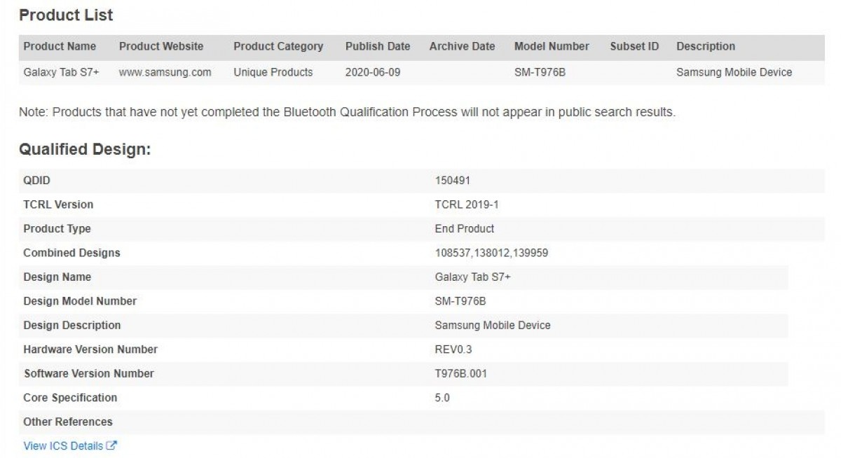 Samsung Galaxy Tab S7+ 5G Bluetooth SIG