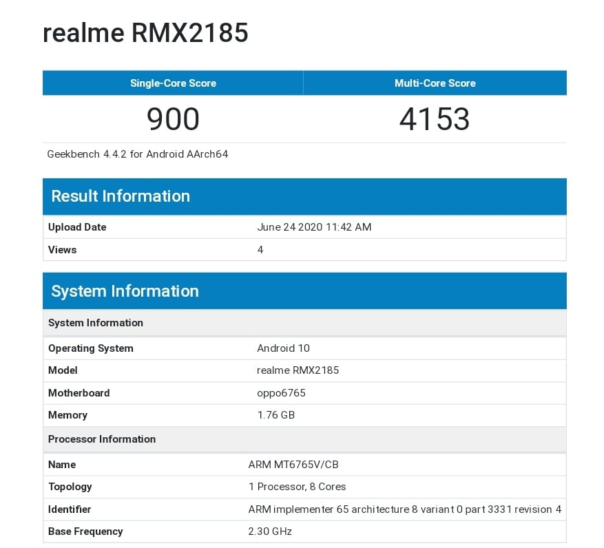 Realme C11出现在GeekBench上，确认2GB RAM和Android 10