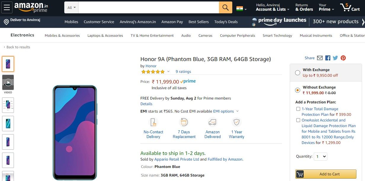 Honor 9A Amazon India listing