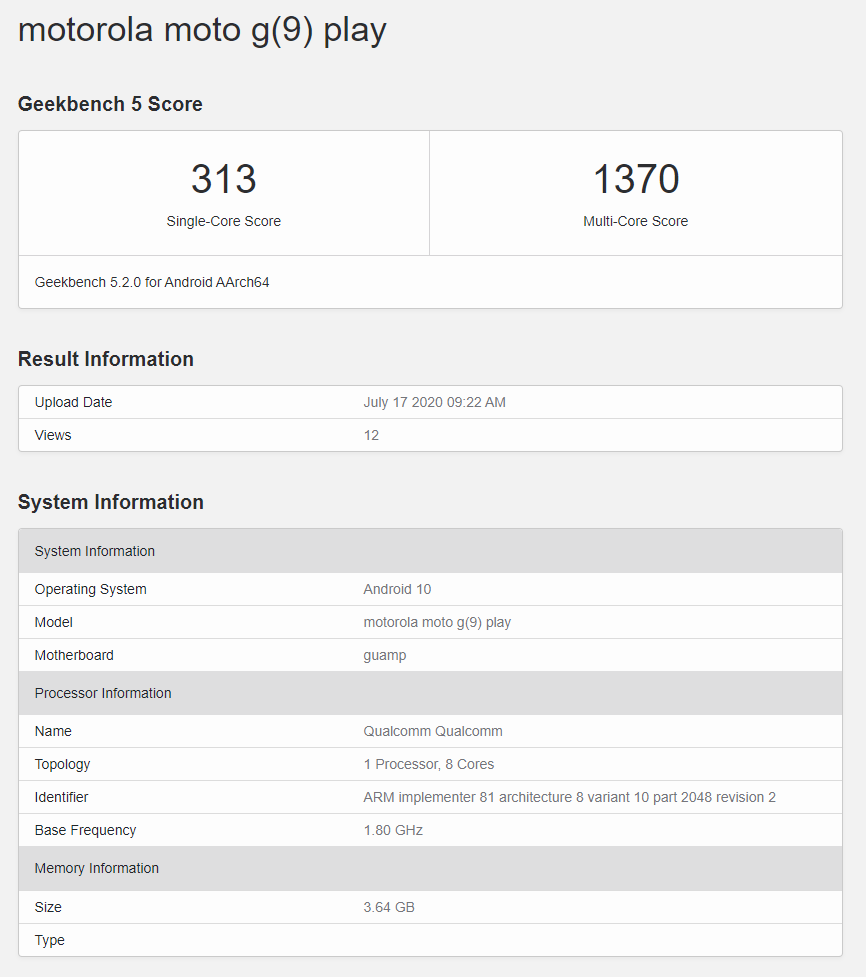 Moto G9 Play Geekbench