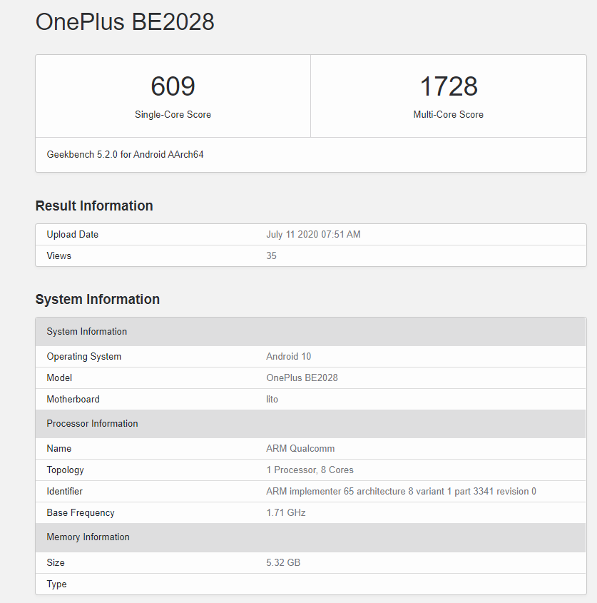 OnePlus BE2028 Geekbench