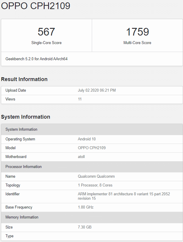 Oppo Reno 4 Pro CPH2109 Global India Geekbench Snapdragon 720G