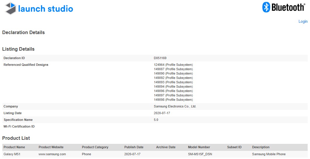 Samsung Galaxy M51 Bluetooth SIG