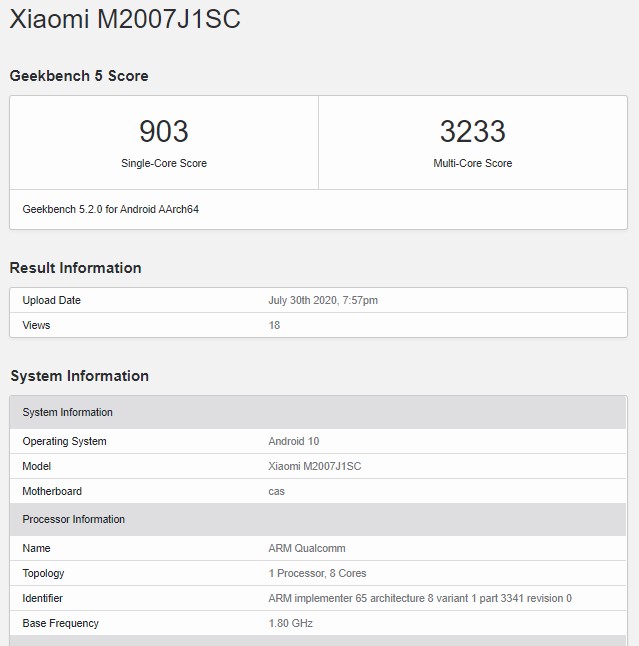 Xiaomi M2007J1SC Geekbench