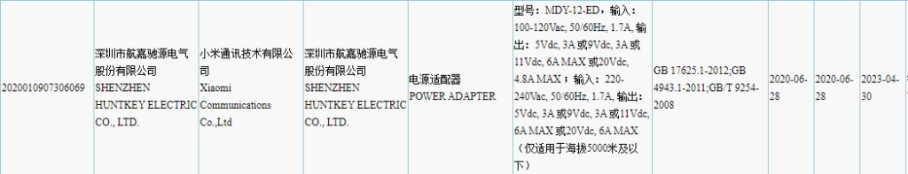 Xiaomi MDY-12-ED 120W Charger 3C Certification
