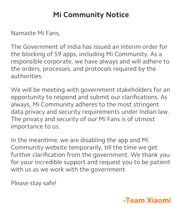 La notificación oficial ha sido deshabilitada por el sitio de la aplicación Xiaomi Mi Community India