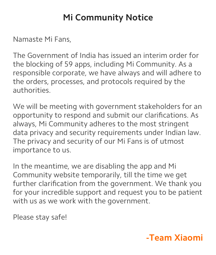 A notificação oficial foi desativada pelo site de aplicativos Xiaomi Mi Community India