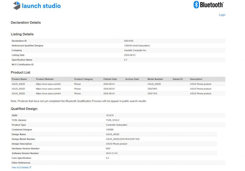 ASUS ZenFone 7 series Bluetooth SIG