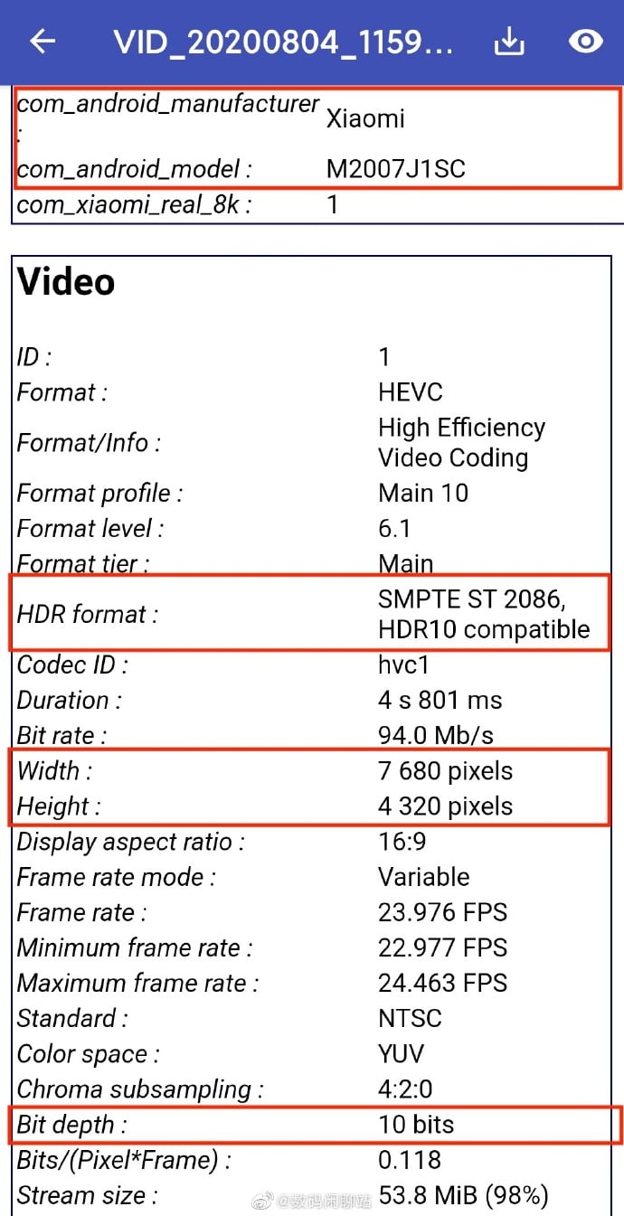 Alleged Xiaomi Mi 10 Pro Plus video file properties