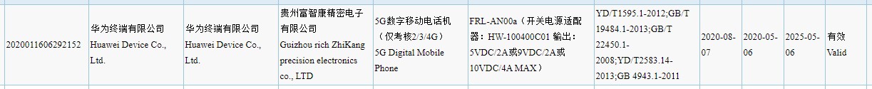 Huawei Enjoy 20 Plus 3C certification