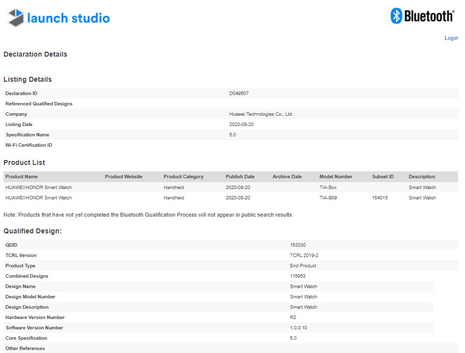 Huawei Watch Fit Bluetooth SIG