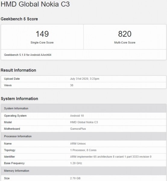 Nokia C3 Geekbench