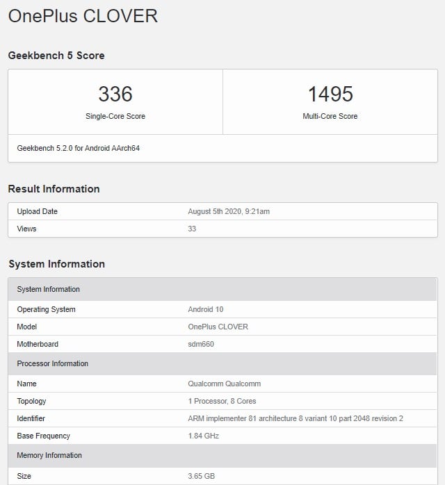 OnePlus Clover Geekbench