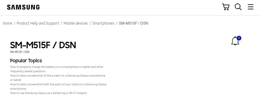 Samsung Galaxy M51 destek sayfası görünür