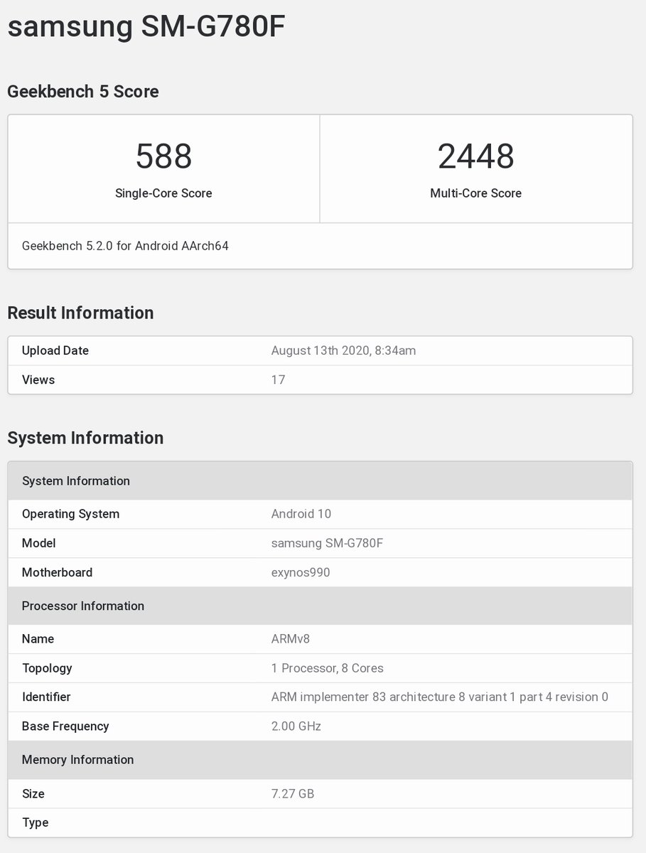 Samsung Galaxy S20 Fan Edition Exynos 990 Geekbench