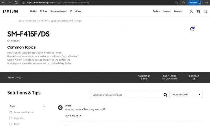 Samsung Galaxy Z Fold Lite support page
