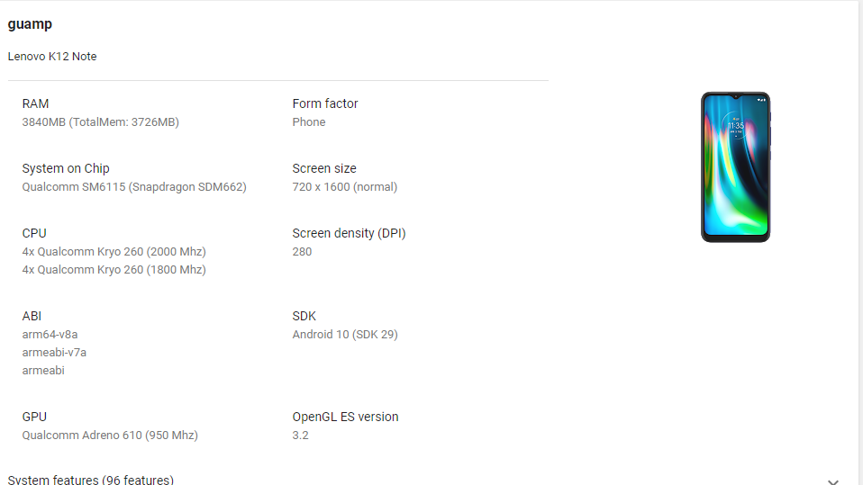 Lenovo K12 Note Google Play Console Listing