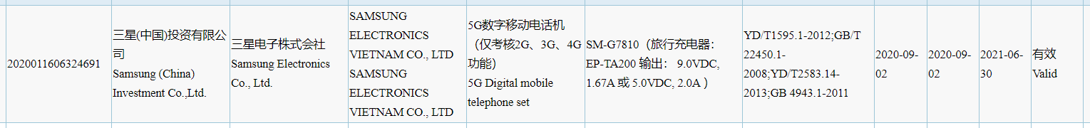 Samsung Galaxy S20 FE 3C Certification