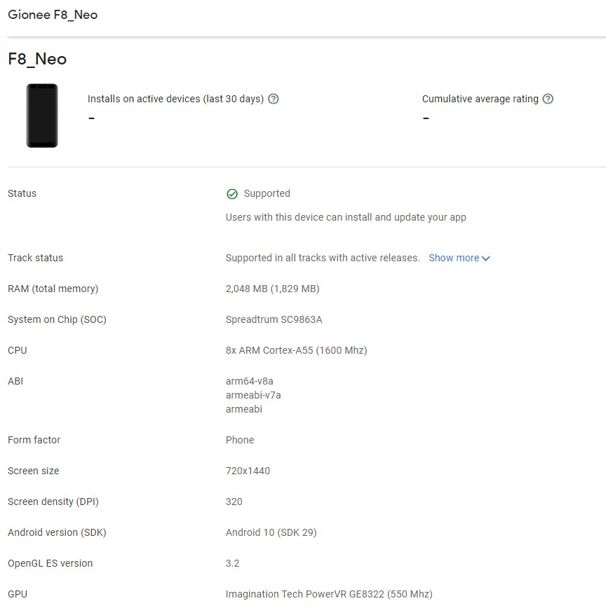 Gionee F8 Neo Google Play Console Listing