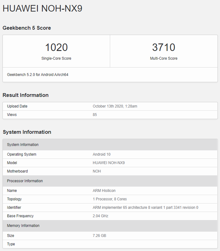 Huawei Mate 40 Pro with Kirin 9000 5G at Geekbench-