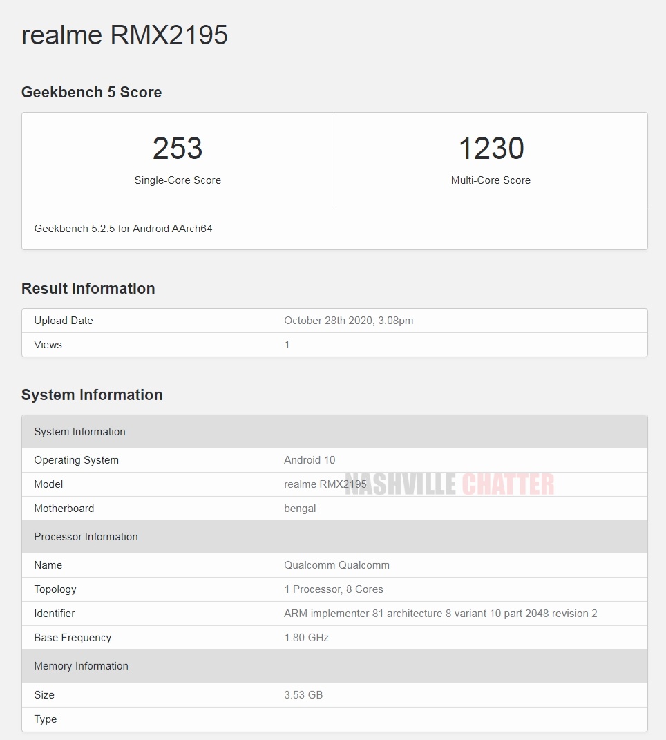 Realme RMX2195 Realme C15s Geekbench