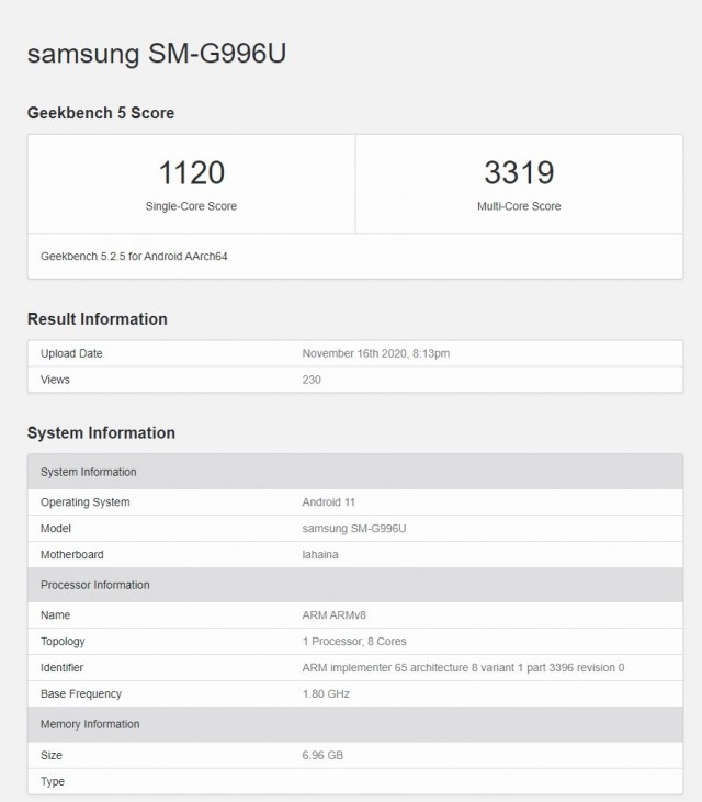 Samsung Galaxy S21 SD875 Geekbench