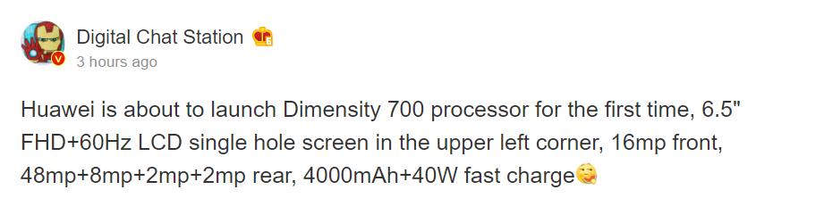 Huawei Dimensity 700 SoC phone specs leak