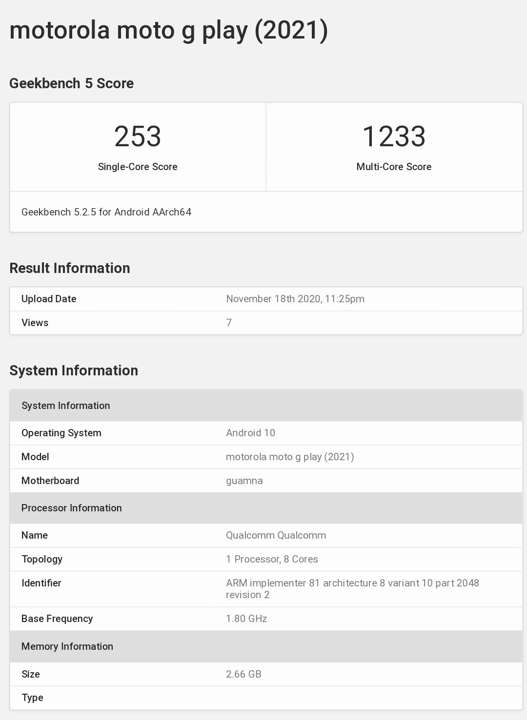 Moto G Play 2021 Geekbench listing