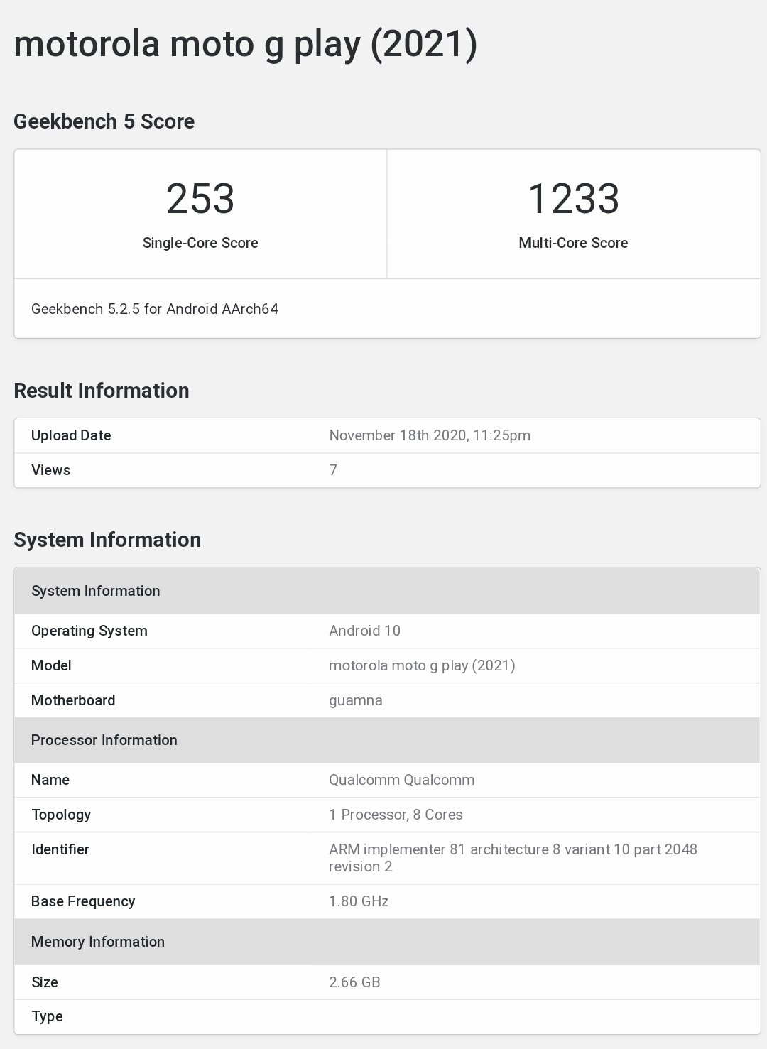 قائمة Moto G Play 2021 Geekbench