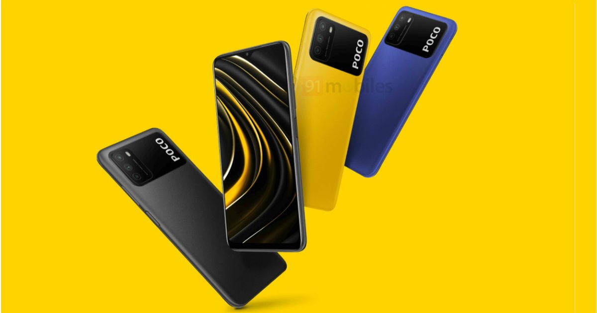Render shows the POCO M3 will come in yellow, blue, and ...