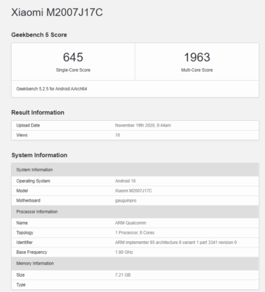 Redmi Note 9 Pro 5G Geekbench