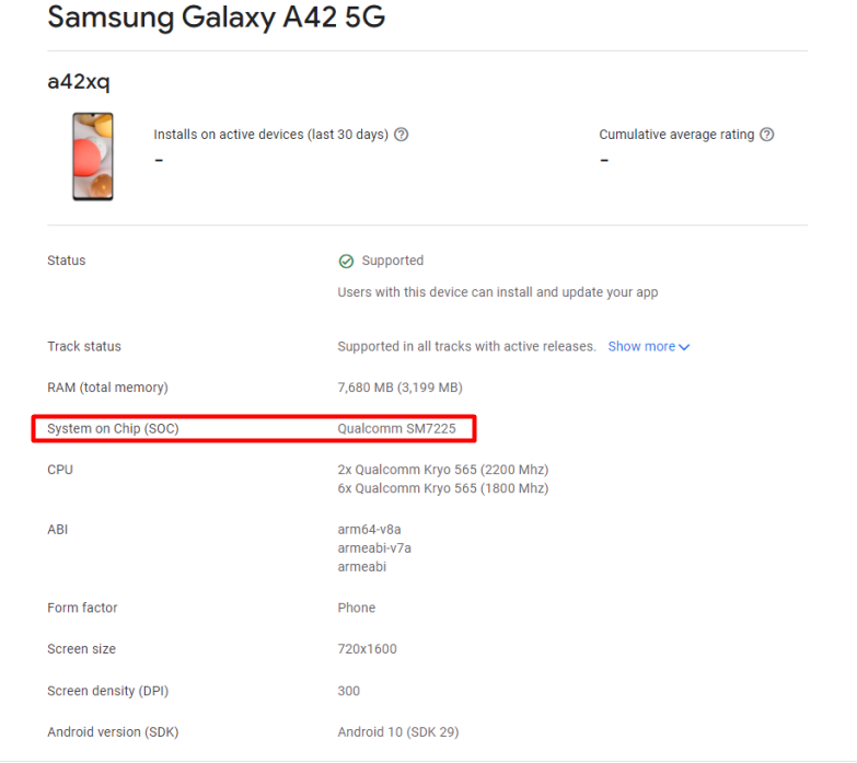 Samsung Galaxy A42 5G Google Play Console
