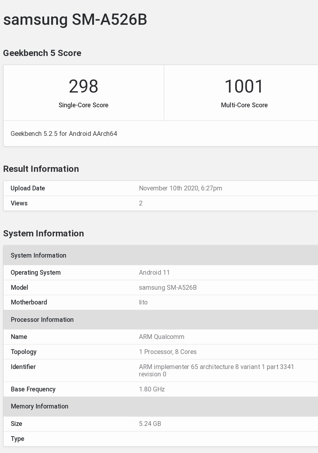 Samsung Galaxy A52 5G Geekbench