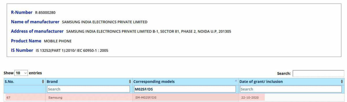 Samsung Galaxy M02 BIS certified