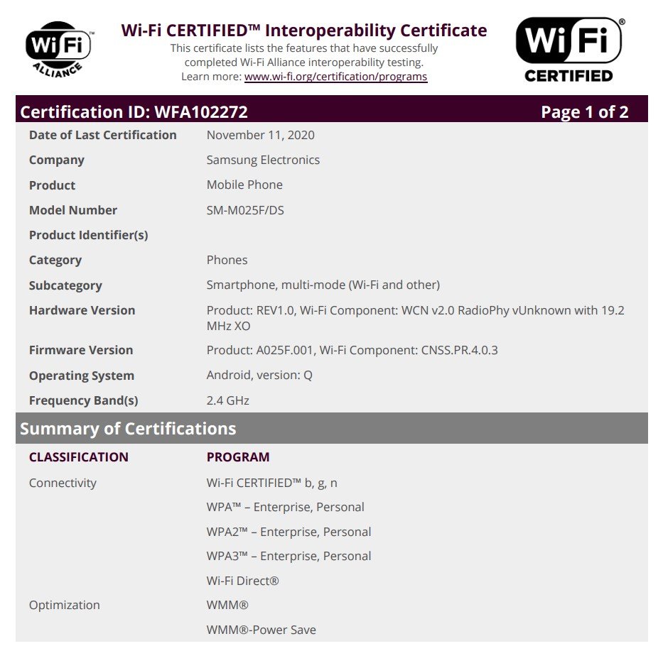 Samsung Android Go phone certified by Wi-Fi Alliance - Gizmochina