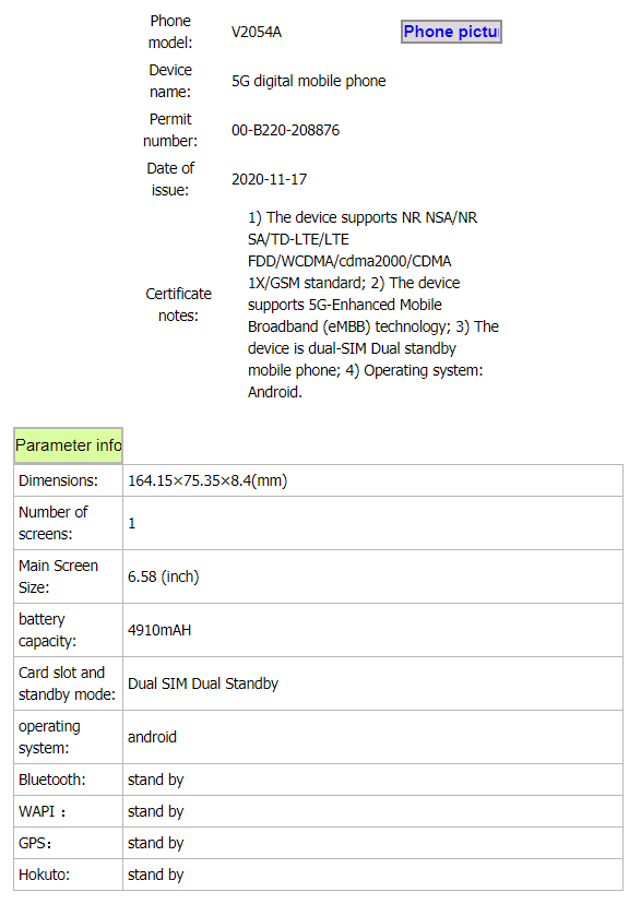 مفتاح iQOO V2054A TENAA spcs