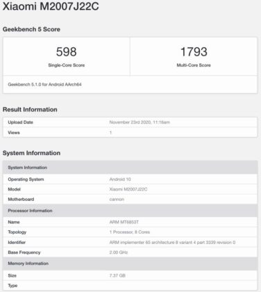 Redmi Note 9 5G Geekbench