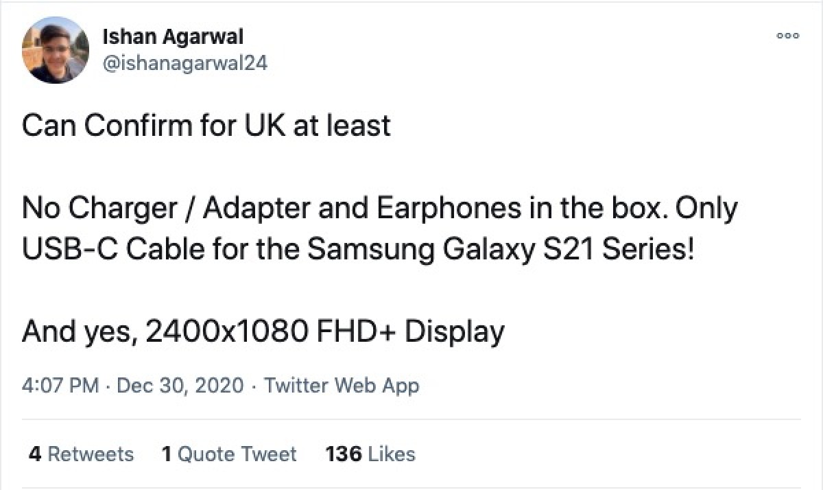 Ishan Agarwal Tweet - Samsung Excluding Charger In Galaxy S21